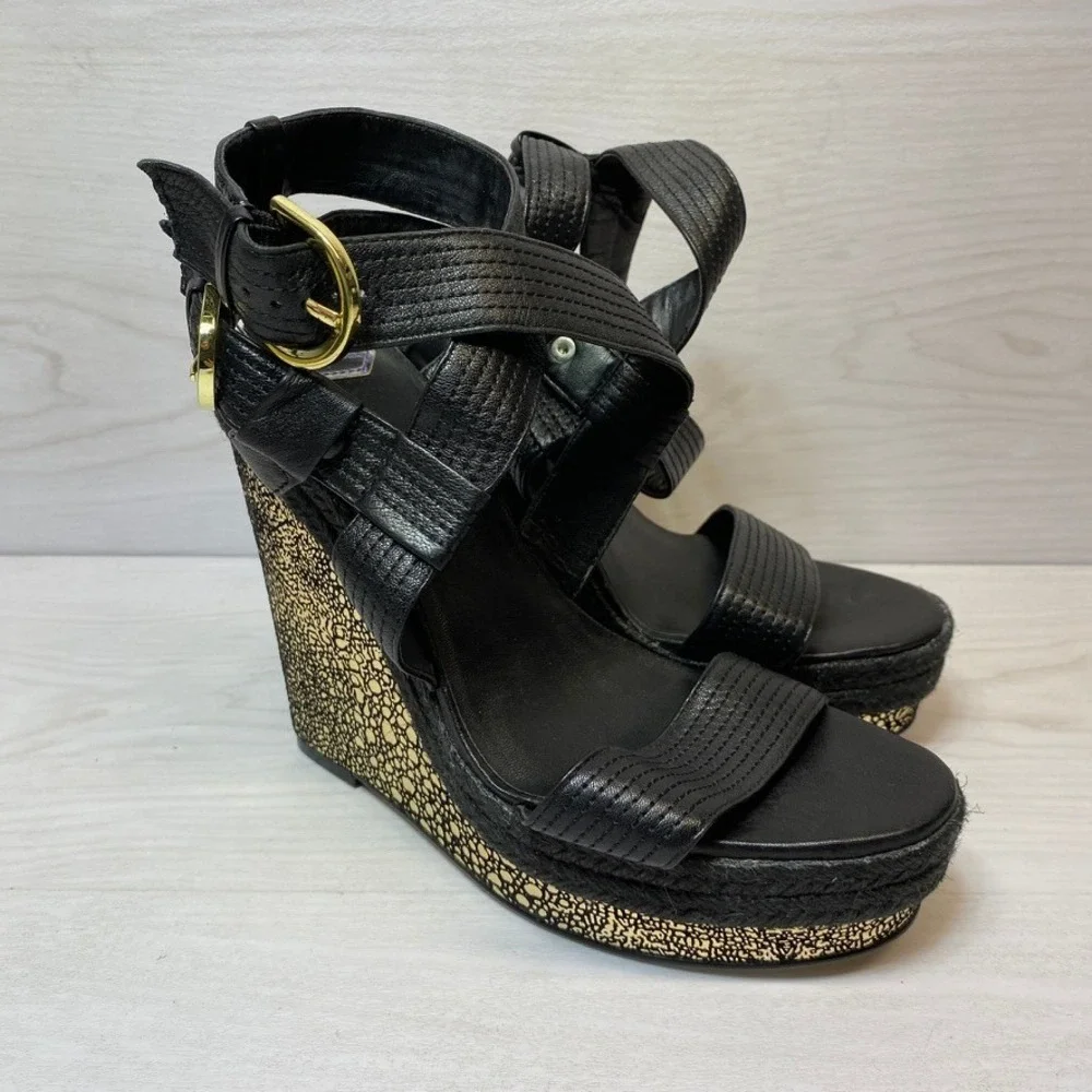 Donald J Pliner Womens 9.5M Michelle Wedge Sandals Black Gold Leather Espadrille